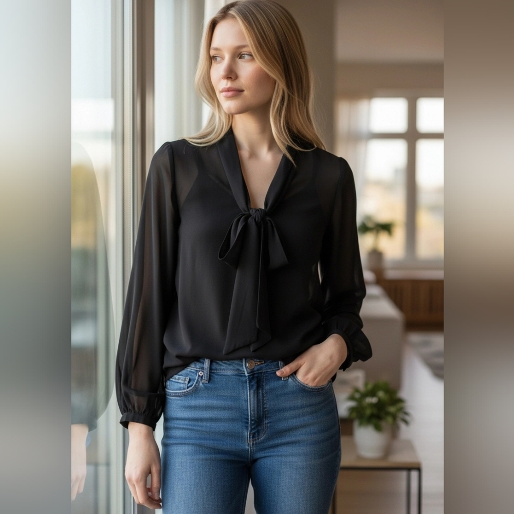 Forever 21 Black Bow-Tie Sheer Sleeve Blouse